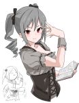  1girl black_bow blush book bow breasts closed_mouth dress drill_hair grey_dress grey_hair hair_bow hand_up highres holding holding_book idolmaster idolmaster_cinderella_girls kanzaki_ranko large_breasts muchi_maro open_book puffy_short_sleeves puffy_sleeves red_eyes short_sleeves simple_background smile solo twin_drills underbust white_background 