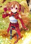  2mota breastplate brown_hair fingerless_gloves gloves highres red_eyes short_twintails silica sword_art_online thighhighs twintails waving 