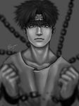  blurry broken broken_chain chain chained_wrists depth_of_field en_(en-chune) greyscale headband male_focus monochrome saiyuki signature solo son_goku_(saiyuki) spot_color yellow_eyes 