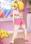  :d ass bare_shoulders bent_over bike_shorts bikini_top blonde_hair blue_eyes breasts commentary crown doctorzexxck earrings full_body highres jewelry large_breasts looking_back mario_(series) mushroom open_mouth ponytail princess_peach shorts smile solo starman_(mario) super_mario_bros. 
