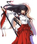  armpits auru_t black_hair hakama japanese_clothes katana long_hair miko original outstretched_arm red_hakama solo sword very_long_hair weapon yellow_eyes 