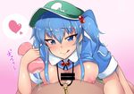  1girl :q artificial_vagina bar_censor blue_eyes blue_hair blush breast_rest breasts censored clothed_female_nude_male hair_bobbles hair_ornament hetero kawashiro_nitori key large_breasts meicha nipples nude paizuri penis shirt_lift solo_focus tongue tongue_out touhou two_side_up 
