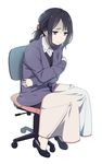 anime_coloring black_eyes black_hair blanket cardigan chair full_body long_hair mattaku_mousuke office_chair original ponytail shaded_face shoe_dangle sitting solo 