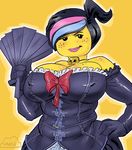  big_breasts black_hair breasts chubby clothing elbow_gloves fan female freckles gloves hair lego lips not_furry pink_lips ponytail solo the_lego_movie unknown_artist wyldstyle 