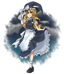  auru_t blonde_hair braid full_body hat kirisame_marisa petticoat skirt skirt_lift solo standing touhou witch_hat yellow_eyes 