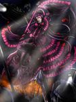  aircraft battle blood blood_on_face blood_splatter chama_(painter) dress frilled_dress frills gate_-_jieitai_ka_no_chi_nite_kaku_tatakaeri glowing glowing_eyes gothic_lolita grin halberd helicopter jumping lolita_fashion long_hair polearm purple_hair rape_face red_eyes rory_mercury smile very_long_hair weapon wide_sleeves 