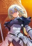  armor armored_dress blonde_hair braid breasts covered_nipples fate/apocrypha fate_(series) flag from_below headpiece jeanne_d'arc_(fate) jeanne_d'arc_(fate)_(all) kazuma_muramasa large_breasts long_hair purple_eyes single_braid sword weapon 