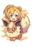  animal_ears bear_ears blue_eyes brown_hair chibi crossover flareon gen_1_pokemon highres kousaka_honoka love_live! love_live!_school_idol_project miloku one_side_up otonokizaka_school_uniform pokemon pokemon_(creature) riding school_uniform short_hair tail 