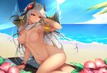  armlet beach beach_umbrella bracelet braid breasts dark_valkyrie_(p&amp;d) day dean flower hair_ornament highres jewelry large_breasts long_hair looking_at_viewer md5_mismatch navel nipples nude outdoors puzzle_&amp;_dragons red_eyes silver_hair single_braid solo towel umbrella valkyrie_(p&amp;d) water 