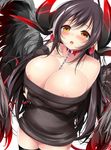  1girl areola_slip areolae artist_request blush breasts brown_eyes chains cleavage demon_girl devilcarnival fang female from_above horns huge_breasts looking_at_viewer mole mole_under_eye pointy_ears simple_background solo thighhighs wings 