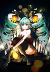 black_footwear black_legwear boots breasts cleavage drill_hair green_eyes green_hair hatsune_miku lamp_miku lantern large_breasts long_hair looking_at_viewer mochaabx night sitting smile solo thigh_boots thighhighs twin_drills twintails very_long_hair vocaloid 