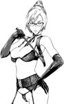  3: artist_request bra choker closed_eyes elbow_gloves expressionless garter_belt glasses gloves greyscale hand_on_hip holster lace lace_bra lingerie monochrome partially_visible_vulva pointer prison_school riding_crop shiraki_meiko simple_background solo standing string_panties underwear underwear_only white_background 
