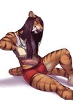 2015 anthro blue_eyes brown_hair clothing edit fangs feline hair lost-paw male mammal penis qa&#039;a saber-toothed_cat solo stripes tiger 