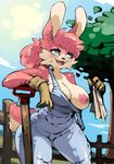  &lt;3 &lt;3_eyes anthro bittenhard blush clothing exposed_breasts female freckles fur gloves hair lagomorph long_ears mammal open_mouth outside overalls pink_fur pink_hair rabbit solo sweat wardrobe_malfunction wide_hips 