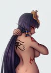  back blush breasts crown dark_skin dimples_of_venus egyptian grin highres large_breasts light_smile long_hair looking_at_viewer looking_back monorus monster_girl_encyclopedia naughty_face pharaoh_(monster_girl_encyclopedia) purple_hair red_eyes sideboob simple_background smile snake solo tattoo 