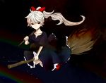 1girl bad_id bad_pixiv_id bamboo_broom bangs blood bow broom broom_riding collarbone hair_bow holding holding_weapon lead_pipe nemuru_(nahunahu) red_bow red_eyes sabitsuki solo weapon white_hair witch 