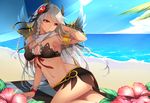  armlet beach beach_umbrella bracelet braid dark_valkyrie_(p&amp;d) day dean hair_ornament highres jewelry looking_at_viewer md5_mismatch navel outdoors puzzle_&amp;_dragons red_eyes silver_hair single_braid solo towel umbrella valkyrie_(p&amp;d) water 