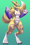  2015 anthro arm_sleeves black_sclera blue_eyes bottomless canine claws clothed clothing cuntboy digimon edit eyelashes facial_markings fox fur half-dressed hi_res intersex mammal markings muscles mykiio nipples nude penis pink_nipples purple_markings pussy renamon solo standing toe_claws uncut white_fur wide_hips yellow_fur yin_yang 
