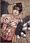  bad_id bad_pixiv_id black_hair border claws demon_boy demon_horns devil_jin dutch_angle emphasis_lines facial_mark fangs forehead_jewel grin haruka4413 horns male_focus outside_border reaching_out shirtless smile solo tattoo tekken wings yellow_eyes 