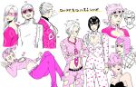  1girl artist_request blush bruno_buccellati cleavage_cutout food_print ghiaccio giorno_giovanna gold_experience guido_mista heart jewelry jojo_no_kimyou_na_bouken long_hair mask melone multiple_boys one_eye_closed pannacotta_fugo pink_hair prosciutto sex_pistols_(stand) short_hair smile smoking strawberry_print sunglasses translation_request trish_una vento_aureo vinegar_doppio 