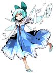  ahoge blue_eyes blue_hair blush bow cirno dress elbow_gloves full_body glass_slipper gloves hair_bow high_heels ice ice_wings looking_at_viewer no_socks one_eye_closed simple_background solo taniya_raku touhou white_background white_gloves wings 