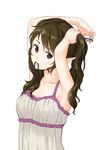  adjusting_hair alternate_costume armpits arms_up bangs brown_eyes brown_hair camisole collarbone dress hair_tie himekaidou_hatate kitano_(kitanosnowwhite) long_hair looking_at_viewer mouth_hold no_hat no_headwear pointy_ears sleeveless solo touhou twintails tying_hair upper_body 