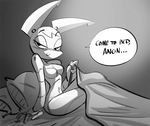  bed blush brokenlynx21 english_text female jenny_wakeman looking_at_viewer machine monochrome my_life_as_a_teenage_robot navel pillow robot solo text 