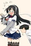  1boy 1girl admiral_(kantai_collection) bangs black_hair blowing blue_eyes blush breasts glasses hairband hat hip_vent kaisen_chuui kantai_collection long_hair long_sleeves medium_breasts ooyodo_(kantai_collection) open_mouth peaked_cap pleated_skirt school_uniform serafuku short_hair skirt surprised sweat tassel thighhighs wavy_mouth 