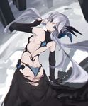  ass black_gloves blue_eyes butt_crack character_request chromatic_aberration elbow_gloves from_behind gloves highres long_hair looking_back shaft_look single_elbow_glove solo vicious_kage white_hair 