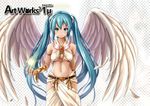  2015 angel angel_wings aqua_eyes aqua_hair armlet belt feathered_wings feathers halo hatsune_miku long_hair looking_at_viewer miu_(angelo_whitechoc) navel smile solo twintails very_long_hair vocaloid wings 