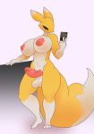  abstract_background athletic balls big_breasts breasts dickgirl digimon digimon_(species) erection humanoid_penis intersex looking_at_viewer nipples nude penis phone renamon solo toot 