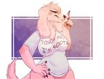 anthro big_breasts breasts canid canine canis carrie_softpaws clothing domestic_dog english_text female fur hi_res mammal shadowwolfhunter shirt solo text 