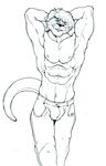  2011 abs anthro biceps black_and_white bulge clothed clothing front_view fur hair half-dressed hand_behind_head jeans knuxlight male mammal monochrome muscles mustelid navel nipples one_eye_closed otter pants pecs pinup pose raised_arm simple_background smile solo standing teeth topless whiskers wink 