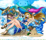  3girls :d anne_&amp;_mary_(p&amp;d) awilda_(p&amp;d) bartholomew_(p&amp;d) beach bikini blackbeard_(p&amp;d) blonde_hair blue_bikini blue_eyes breasts captain_kidd_(p&amp;d) chibi cleavage crossed_legs day dragon hat high_heels highres hino_shinnosuke large_breasts long_hair multiple_boys multiple_girls official_art open_mouth pirate_hat puzzle_&amp;_dragons sand_castle sand_sculpture simple_background sitting smile solo_focus star sun_hat surfboard swimsuit tamadra water waves white_background 