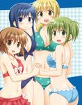  ass bikini bikini_skirt blonde_hair blue_eyes blue_hair brown_eyes brown_hair green_eyes green_hair hidamari_sketch long_hair mami_(hidamari_sketch) miyako multiple_girls nakayama_(hidamari_sketch) short_hair swimsuit twintails utomo yellow_eyes yuno 