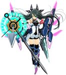  armor arrow beam black_hair black_legwear boots clock cosmic_break dagger detached_sleeves eyepatch feathers full_body gloves green_eyes hair_ornament highres jetpack lafiel_(cosmic_break) long_hair monochrome shield shorts simple_background sword thighhighs torn_clothes torn_legwear torn_sleeves weapon white_background 