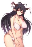  antenna_hair bad_id bad_twitter_id bandages bikini black_hair blush breasts covered_nipples danua draph granblue_fantasy highres horn_ornament jewelry large_breasts long_hair mukka necklace red_eyes side-tie_bikini simple_background solo swimsuit twitter_username white_background white_bikini 