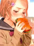  blue_eyes blush child cropped crying eyelashes food forehead furrowed_eyebrows futuregraph gradient gradient_background hair_ornament hairclip hairpin hamburger holding holding_food murata_renji open_mouth orange_hair ribbon sailor_collar school_uniform serafuku short_hair solo striped_ribbon tears 