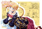  animal_ears bad_id bad_pixiv_id beatrice blonde_hair blush bow breasts cat_ears choker cleavage dress flower frills kuriyuzu_kuryuu medium_breasts pink_bow rose solo tail umineko_no_naku_koro_ni 