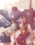  armpits bad_id bad_pixiv_id bare_shoulders black_hair black_wings blush bow brown_hair couple detached_sleeves eye_contact face-to-face hair_bow hakurei_reimu hat leaning_back leaning_forward looking_at_another multiple_girls navel profile shameimaru_aya short_hair smile sou_(tuhut) tokin_hat touhou wings yuri 