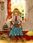  alice_margatroid blonde_hair blue_eyes book boots capelet chair closed_eyes colored_eyelashes cushion doll expressionless eyelashes full_body gloves hair_ribbon hanging highres hiharo jar paper pillow ribbon room shanghai_doll short_hair sitting solo touhou window 