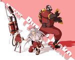  1girl bow cigarette circle_a crossover flamethrower fujiwara_no_mokou gas_mask hadouken hair_bow highres long_hair one_knee red_eyes ribbon sandals silver_hair smoking suspenders team_fortress_2 the_pyro touhou wallpaper weapon 