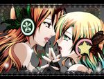  bad_id bad_pixiv_id blonde_hair butterfly_hair_ornament eye_contact face-to-face green_eyes green_nails hair_ornament hazuki_kasane headphones horn hoshiguma_yuugi long_hair looking_at_another magnet_(vocaloid) mizuhashi_parsee multiple_girls nail_polish parody red_eyes red_nails short_hair touhou vocaloid yuri 