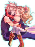  blonde_hair blue_eyes boots cape cloud_strife cotton_candy_(artist) dissidia_final_fantasy earrings elbow_gloves eyes_closed final_fantasy final_fantasy_vi final_fantasy_vii gloves hair_ornament hug jewelry long_hair pantyhose ponytail ribbon smile spiked_hair spiky_hair tina_branford 