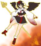  bad_id bad_pixiv_id black_hair black_wings geta hat jonylaser looking_at_viewer shakujou shameimaru_aya solo staff tengu tengu-geta touhou wings 