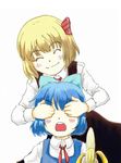  2girls banana blonde_hair blue_hair bow cirno closed_eyes covering_eyes food fruit hair_bow hir0sun multiple_girls rumia short_hair simple_background smile touhou 