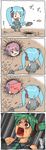  4koma abekawa buried comic crossover digging from_above hanyuu hatsune_miku highres higurashi_no_naku_koro_ni multiple_girls prehensile_hair scared shovel spring_onion surprised sweatdrop translated turn_pale twintails vocaloid yukkuri_shiteitte_ne 