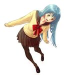  aitatata! aqua_hair blue_hair brown_eyes contrapposto legs long_hair looking_at_viewer open_mouth original pantyhose ribbon school_uniform shoes skirt solo standing 