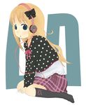  ana_coppola blonde_hair blue_eyes bow es_(pixiv295215) headphones ichigo_mashimaro kneehighs kneeling long_hair plaid plaid_skirt polka_dot skirt socks solo 