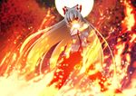  bow din_(flypaper) fire fujiwara_no_mokou hair_bow imperishable_night long_hair mouth_hold red_eyes silver_hair smile solo spell_card suspenders teeth torn_clothes touhou 